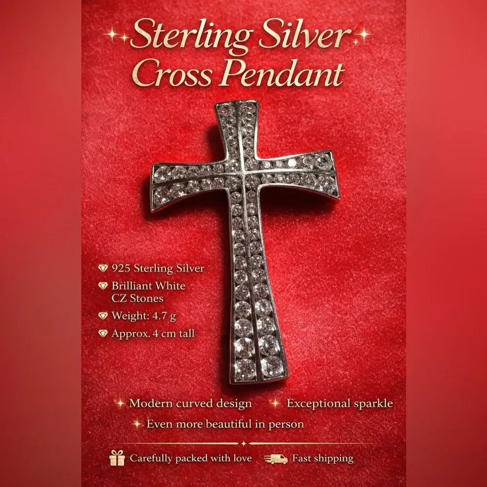 Sterling Silver 925 Cross Pendant With White CZ Stones Modern Curved Design